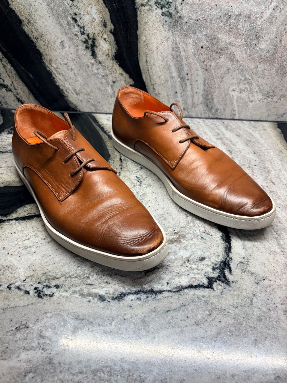 Santoni Menโs 10 Brown Leather Derby Sneakers Made Italy Luxury Shoes